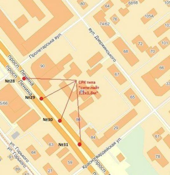 Схема рекламной плоскости по адресу вул. Пролетарська — вул. Перша ливарна