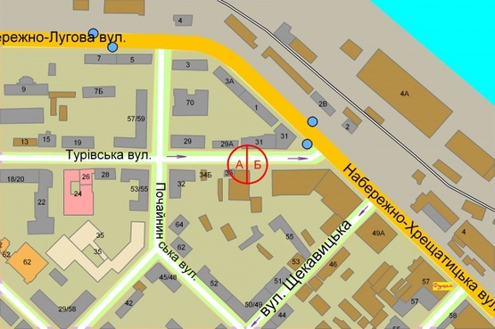 Схема рекламной плоскости по адресу Турівська, 36 ( 100 метрів до вул. Набережно-Хрещатицька )