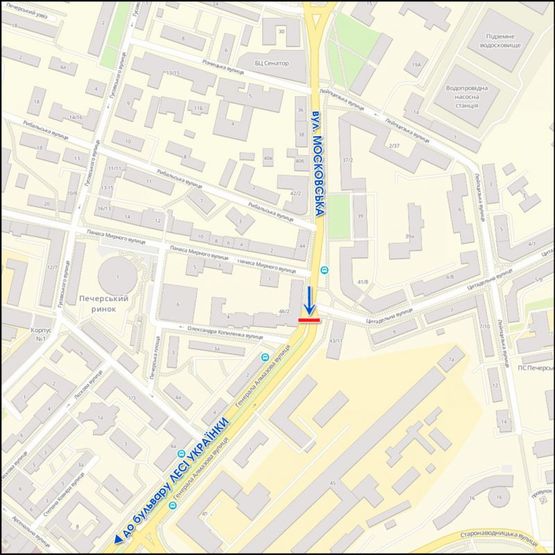 Схема рекламной плоскости по адресу Кутузова, к площади Леси Украинки, разделитель