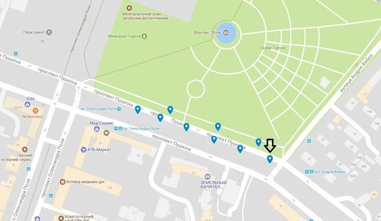Схема рекламной плоскости по адресу пр. Пушкіна, на розподільчій алеї, від вул. А.Фабра до просп. О.Поля -1-/пр. Пушкина, на разделительной аллее, от ул. Серова до пр. Кирова -1-
