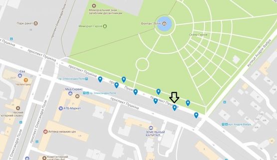 Схема рекламної площини за адресою пр. Пушкіна, на розподільчій алеї, від вул. А.Фабра до просп. О.Поля -2-/пр. Пушкина, на разделительной аллее, от ул. Серова до пр. Кирова -2-