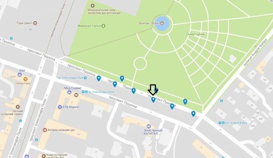 Схема рекламної площини за адресою пр. Пушкіна, на розподільчій алеї, від вул. А.Фабра до просп. О.Поля -3-/пр. Пушкина, на разделительной аллее, от ул. Серова до пр. Кирова -3-