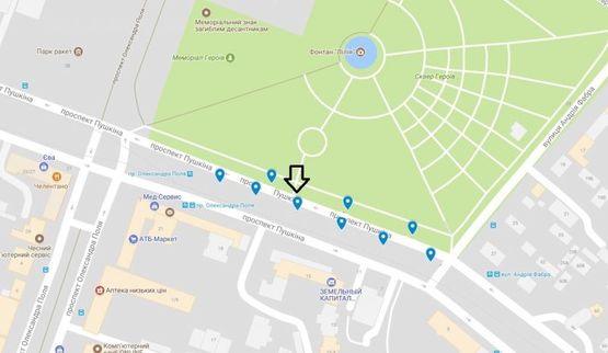 Схема рекламной плоскости по адресу пр. Пушкіна, на розподільчій алеї, від вул. А.Фабра до просп. О.Поля -4-/пр. Пушкина, на разделительной аллее, от ул. Серова до пр. Кирова -4-