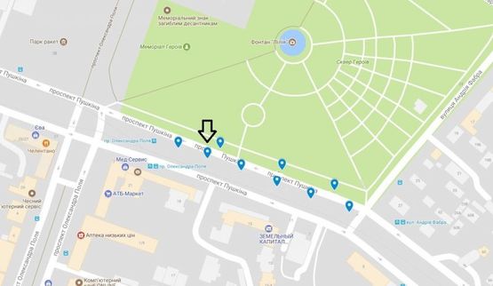 Схема рекламної площини за адресою пр. Пушкіна, на розподільчій алеї, від вул. А.Фабра до просп. О.Поля -5-/пр. Пушкина, на разделительной аллее, от ул. Серова до пр. Кирова -5-