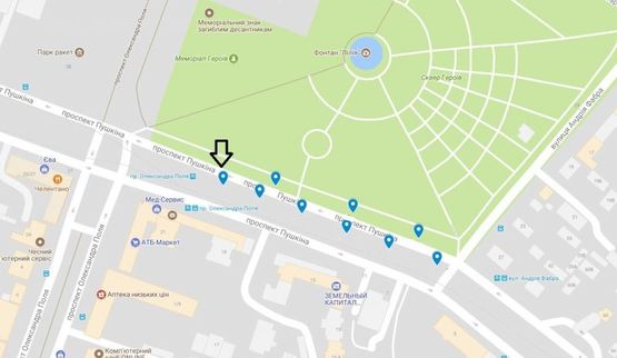 Схема рекламной плоскости по адресу пр. Пушкіна, на розподільчій алеї, від вул. А.Фабра до просп. О.Поля -6-/пр. Пушкина, на разделительной аллее, от ул. Серова до пр. Кирова -6-