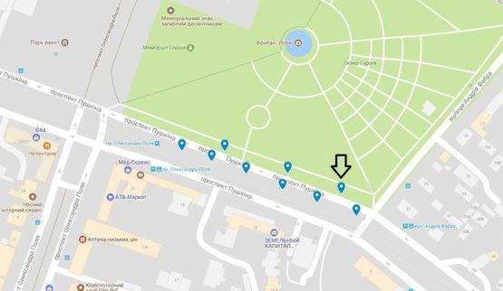 Схема рекламной плоскости по адресу пр. Пушкіна, на тротуарі, від вул. А.Фабра до просп. О.Поля -1-/пр. Пушкина, на тротуаре, от ул. Серова до пр. Кирова -1-