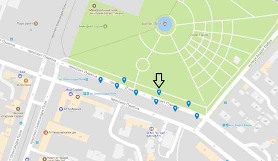 Схема рекламной плоскости по адресу пр. Пушкіна, на тротуарі, від вул. А.Фабра до просп. О.Поля -2-/пр. Пушкина, на тротуаре, от ул. Серова до пр. Кирова -2-