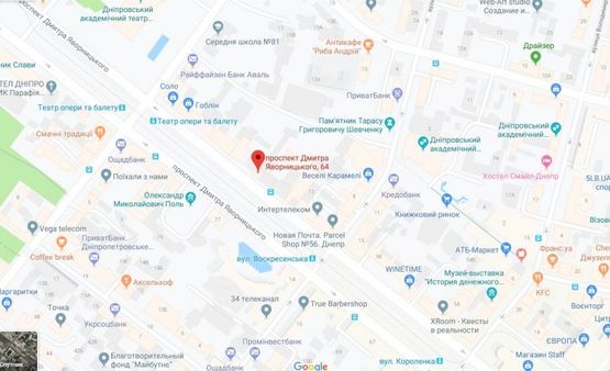 Схема рекламной плоскости по адресу пр. Д. Яворницького, 64, АТБ-Маркет, Асторія, Главпочтамп/пр. Карла Маркса, 64 Атб-маркет, Астория, Главпочтамп