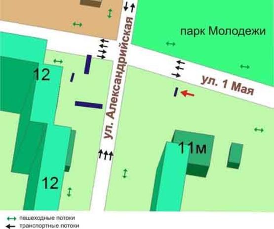Схема рекламної площини за адресою перекрёсток ул. 1-го Мая, ул. Александрийской (Райфайзен Банк Аваль), №037-В