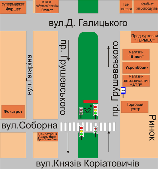 Схема рекламной плоскости по адресу пр.Грушевського (між вул. Соборна та вул.Д.Галицького)