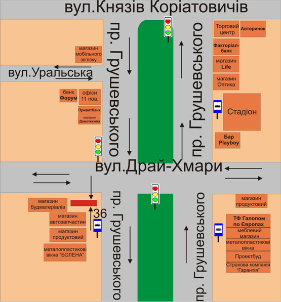 Схема рекламной плоскости по адресу перехрестя пр. Грушевського та вул.Драй-Хмари