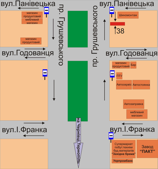 Схема рекламной плоскости по адресу перехрестя пр. Грушевського та вул.Панівецької (50м до вул.Панівецька)