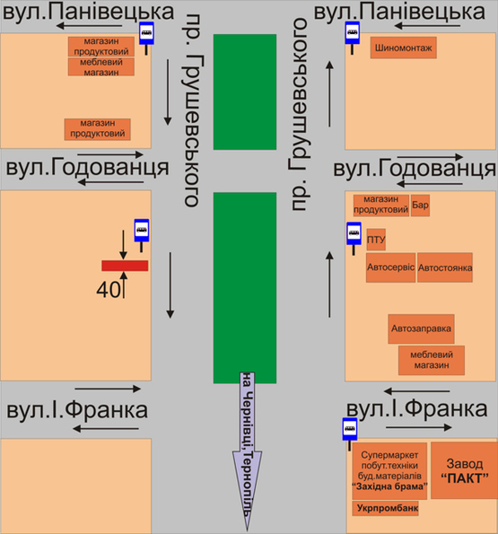 Схема рекламной плоскости по адресу пр.Грушевского навпроти в’їзду в училище №14 (біля зупинки “Проспект”)
