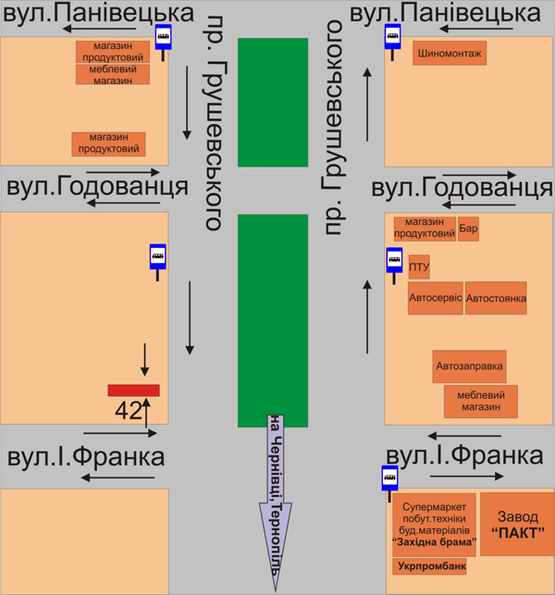Схема рекламної площини за адресою перехрестя пр.Грушевського та вул.І.Франка (100м. до вул.Франка)