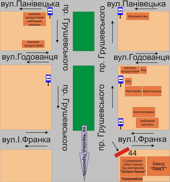 Схема рекламной плоскости по адресу перехрестя пр.Грушевського та вул.І.Франка