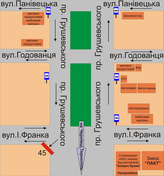 Схема рекламной плоскости по адресу перехрестя пр.Грушевського та вул.І.Франка