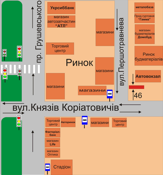 Схема рекламной плоскости по адресу перехрестя вул.Кн. Коріатовичів та вул. Першотравнева (в’їзд на автовокзал)