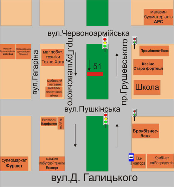 Схема рекламной плоскости по адресу пр.Грушевського(вул.Червоноармійська-вул.Пушкінська)