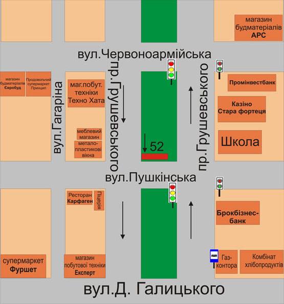Схема рекламной плоскости по адресу перехрестя пр.Грушевського та вул.Пушкінська