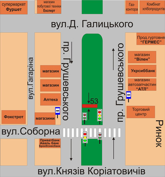 Схема рекламної площини за адресою пр.Грушевського (між вул. Соборна та вул.Д.Галицького)