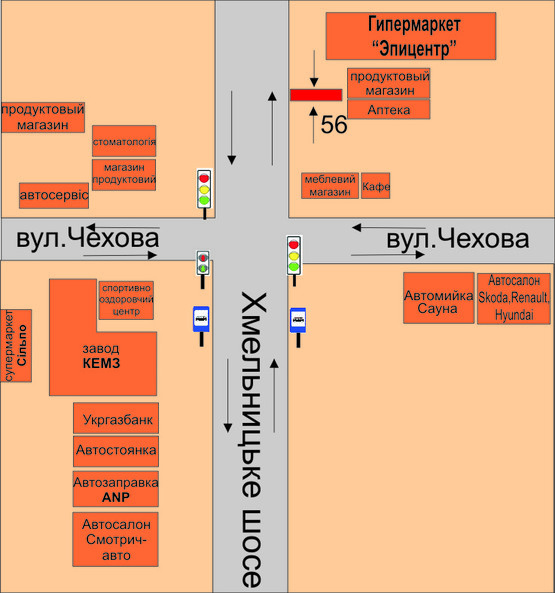 Схема рекламной плоскости по адресу р-н перехрестя Хмельницьке шоссе – вул.Черняхівського(біля Епіцентру)