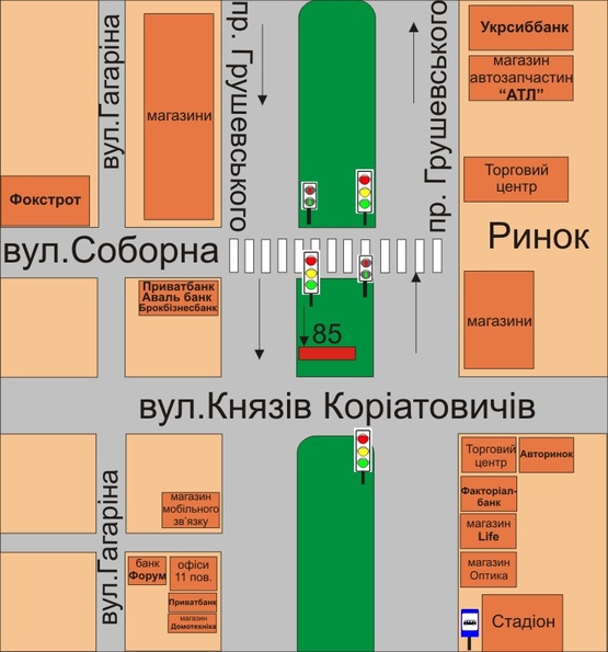 Схема рекламной плоскости по адресу район перехрестя проспект Грушевського-вул.Князів Коріатовичів