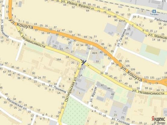 Схема рекламной плоскости по адресу м. Тячів на розі вул. Незалежності та Жовтнева, , біля міліції Приват банку та піцерії Дольче Віта