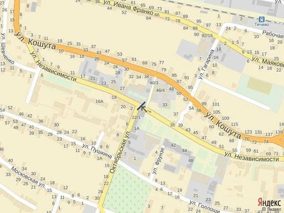 Схема рекламной плоскости по адресу м. Тячів на розі вул. Незалежності та Жовтнева, , біля міліції Приват банку та піцерії Дольче Віта