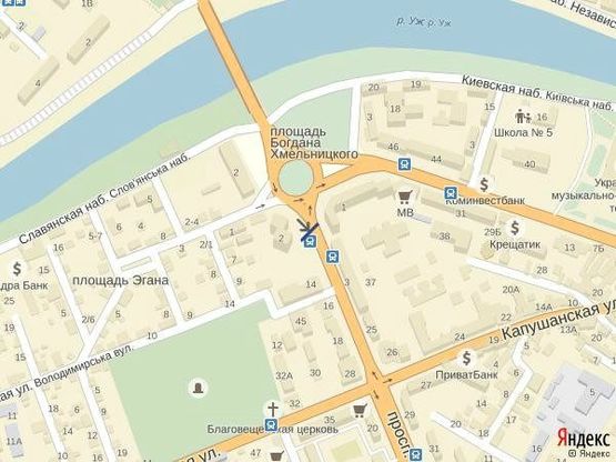 Схема рекламной плоскости по адресу м.Ужгород просп. Свободи,біля   16-ти поверхівки, Приватбанку, зупинка міського транспорту, пошта, світлофор, пішохідний перехід,в сторону у-магу Україна