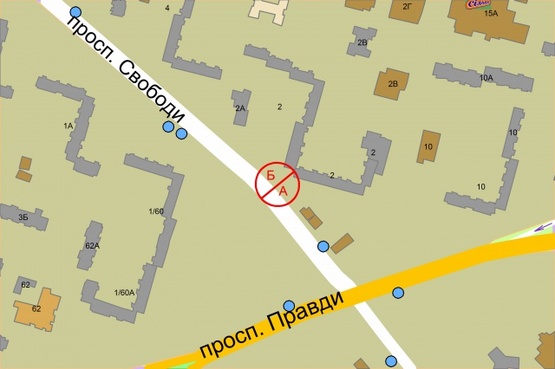 Схема рекламної площини за адресою Свободы проспект, 2  (за 150 метрів руху до пропекту Правди, ліворуч)