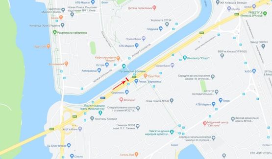 Схема рекламной плоскости по адресу Соборности пр-т (Воссоединения) из центра, перед пешеходным мостом на Русановку