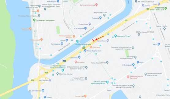 Схема рекламной плоскости по адресу Соборности пр-т (Воссоединения) в центр, перед пешеходным мостом на Русановку