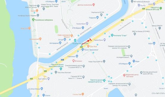 Схема рекламної площини за адресою Соборности пр-т (Воссоединения) из центра, за пешеходным мостом на Русановку