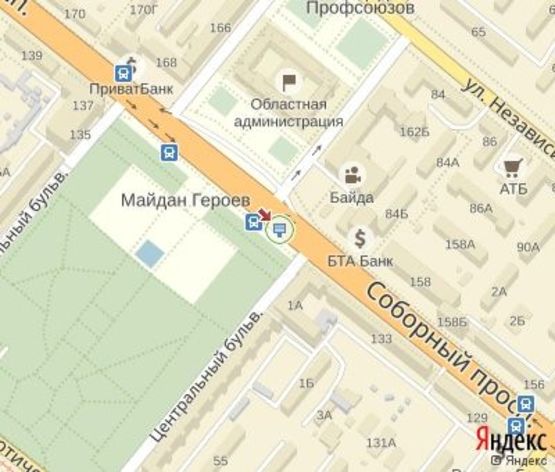 Схема рекламной плоскости по адресу Соборный пр., Героев пл. ЦЕНТРАЛЬНАЯ ЗОНА. ("Укртелеком", "Укрпошта","Приватбанк","Ощадбанк","Укрсиббанк")