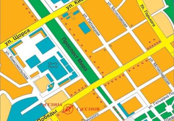 Схема рекламной плоскости по адресу Победы пр.,75, Правекс банк, напротив рынка