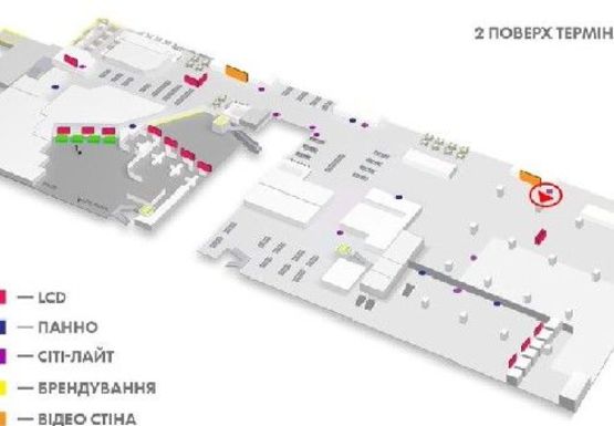 Схема рекламной плоскости по адресу Зал ожидания вылетов, 2 этаж (Терминал А)