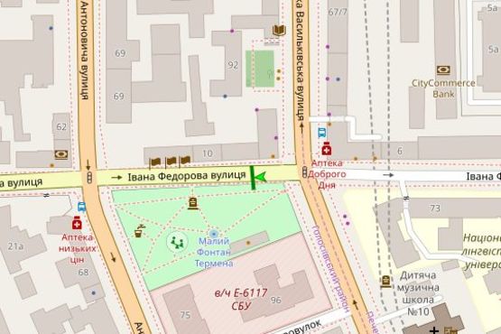 Схема рекламной плоскости по адресу Івана Федорова вул., на бульварній частині навпроти буд.по вул.В.Васильківська 94