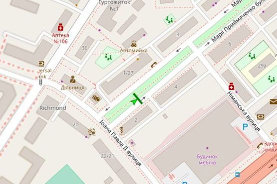 Схема рекламної площини за адресою Марії Приймаченко бульв., ,2, бульварна частина