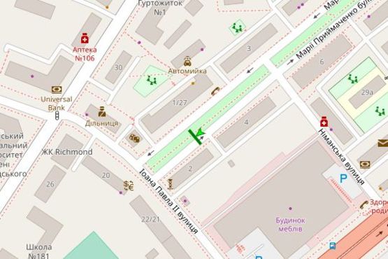 Схема рекламної площини за адресою Марії Приймаченко бульв., ,2, бульварна частина