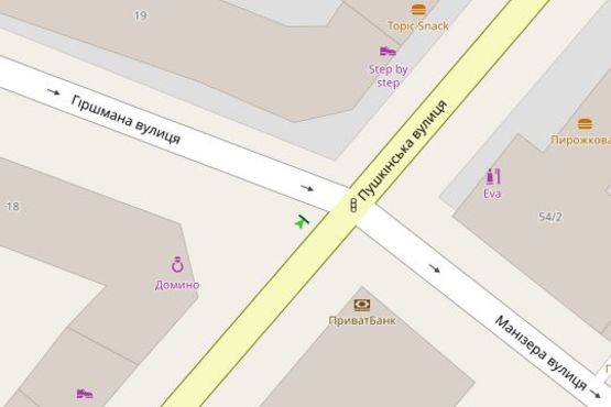 Схема рекламної площини за адресою Пушкінська вул. - Гіршмана вул.