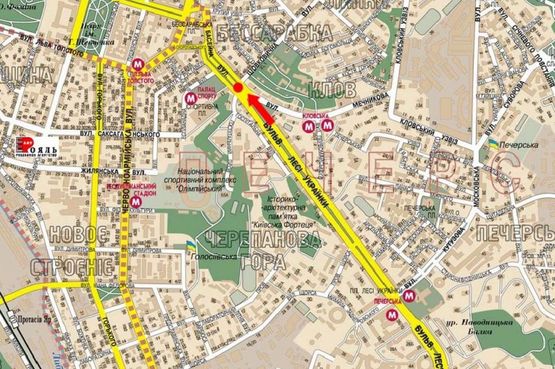 Схема рекламної площини за адресою Бассейная ул. / Госпитальная ул. / Украинки бул., на светофоре, в сторону Шелковичной ул., Мельникова ул., Крещатик ул.