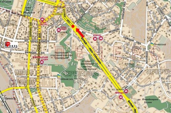 Схема рекламной плоскости по адресу Бассейная ул. / Украинки бул., на светофоре, в сторону Крещатик ул.