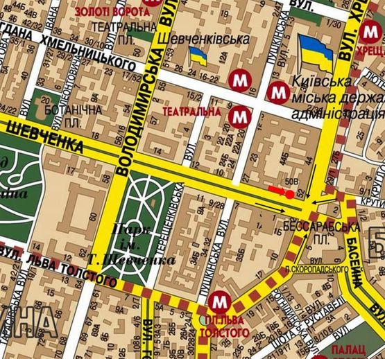 Схема рекламной плоскости по адресу Шевченко бул., 2/54, в сторону Крещатик ул.