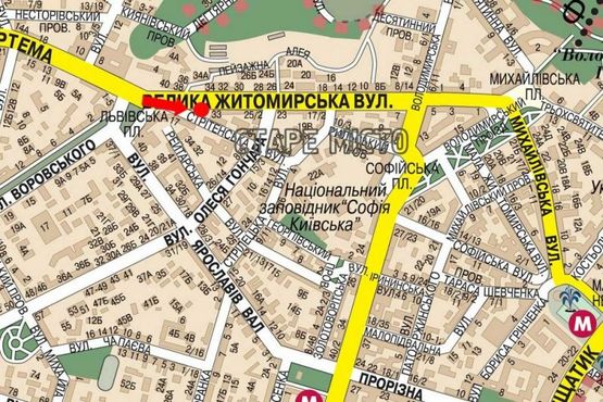 Схема рекламної площини за адресою Б. Житомирская ул., 33 / Сретенская ул., в сторону Владимирская ул.