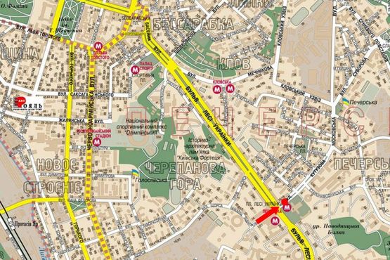 Схема рекламной плоскости по адресу Алмазова ул. (бывш. Кутузова ул.), 16/19, разделитель, ст. м. "Печерская", магазин "Антошка"