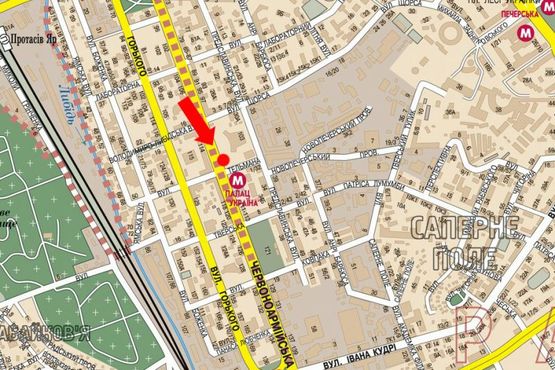 Схема рекламної площини за адресою Б. Васильковская ул. (бывш. Красноармейская ул.), 103, возле Дворца Украина, из центра