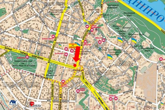 Схема рекламной плоскости по адресу Крещатик ул., 52 / Шевченко бул., возле магазина "Манго", Юникредитбанка, в сторону Б. Васильковская ул. (бывш. Красноармейская ул.)