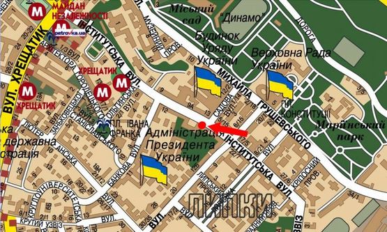 Схема рекламної площини за адресою Институтская ул., 16 / Садовая ул., в сторону Крещатик ул.