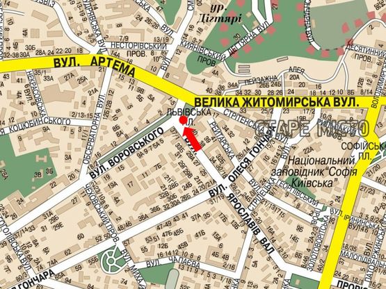 Схема рекламної площини за адресою Львовская пл. / Бульварно-Кудрявская ул. (бывш. Воровского ул.) / Ярославов Вал ул., на зеленой зоне возле парковки, в сторону Ярославов Вал ул.