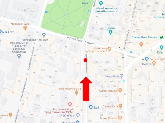 Схема рекламної площини за адресою Антоновича ул. (бывш. Горького ул.), 1, в сторону парка Шевченко